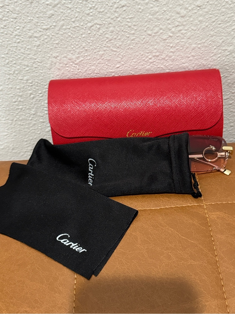 NWT AUTHENTIC Cartier Red Eyewear with Case & Gold Logo